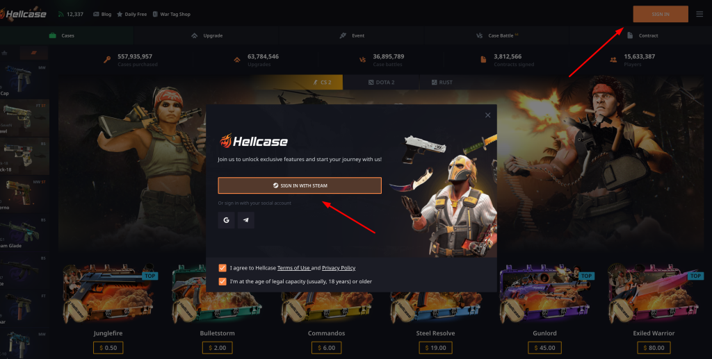 In this photo, explaining how to log in to Hellcase and use a Hellcase promo code to unlock a free deposit bonus. Claim exclusive rewards and maximize your case-opening experience!