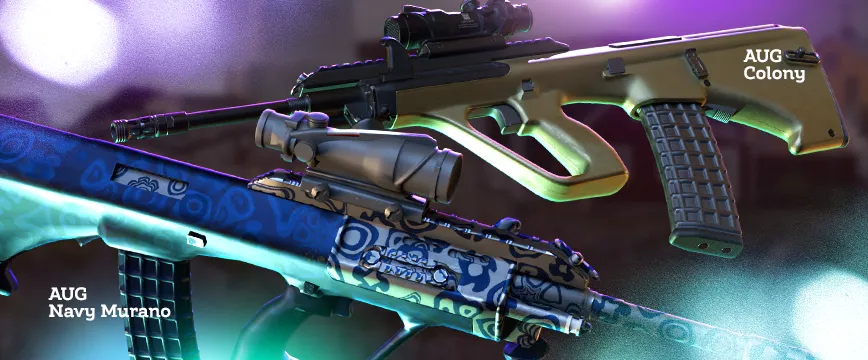 Consumer Grade (White) FAMAS Skins: FAMAS | Night Borre featuring intricate blue and silver Nordic patterns, and FAMAS | Contrast Spray with a minimalistic black and white spray-painted design. Showcase of popular white rarity FAMAS skins displayed against a soft blurred background with subtle lighting effects.