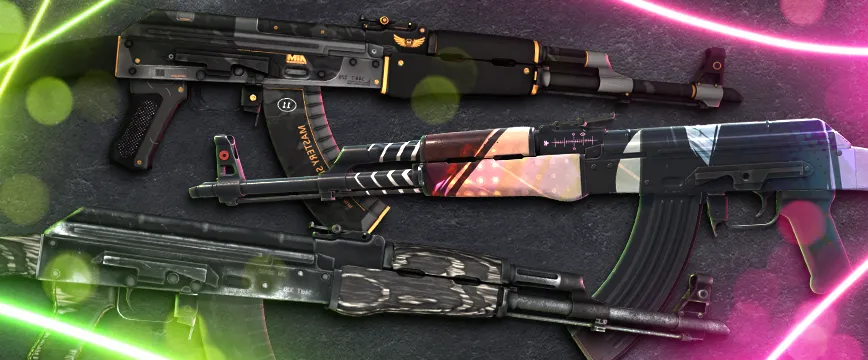 CS2 (CS:GO) Mil-Spec AWP skins: AWP | Capillary with red and blue vein patterns, AWP | Black Nile featuring sleek black and silver wave designs, and AWP | Acheron with skull-themed red and blue artwork. Showcase of popular blue rarity AWP skins against a dynamic dark background with glowing light effects.