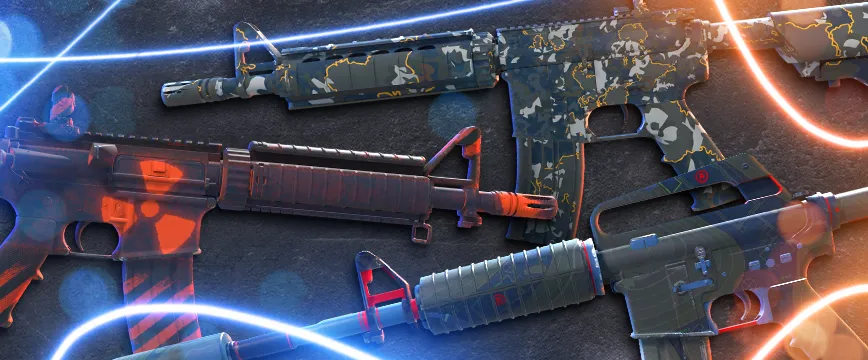 CS2 (CS:GO) Mil-Spec AWP skins: AWP | Capillary with red and blue vein patterns, AWP | Black Nile featuring sleek black and silver wave designs, and AWP | Acheron with skull-themed red and blue artwork. Showcase of popular blue rarity AWP skins against a dynamic dark background with glowing light effects.