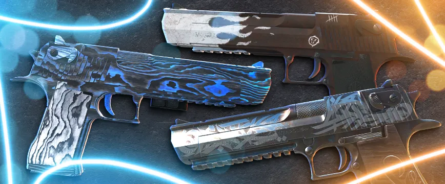 CS2 (CS:GO) Mil-Spec AWP skins: AWP | Capillary with red and blue vein patterns, AWP | Black Nile featuring sleek black and silver wave designs, and AWP | Acheron with skull-themed red and blue artwork. Showcase of popular blue rarity AWP skins against a dynamic dark background with glowing light effects.