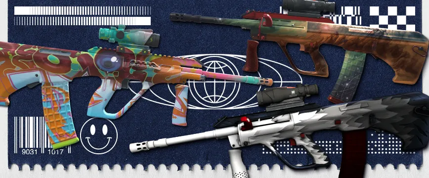 Image of CS2 (CS:GO) Restricted AK-47 skins: AK-47 | Slate with a sleek black design, AK-47 | Orbit Mk01 featuring futuristic red accents, and AK-47 | Blue Laminate with a distinctive blue woodgrain pattern. These purple rarity CS:GO skins highlight unique visual styles and are popular among CS2 players.
