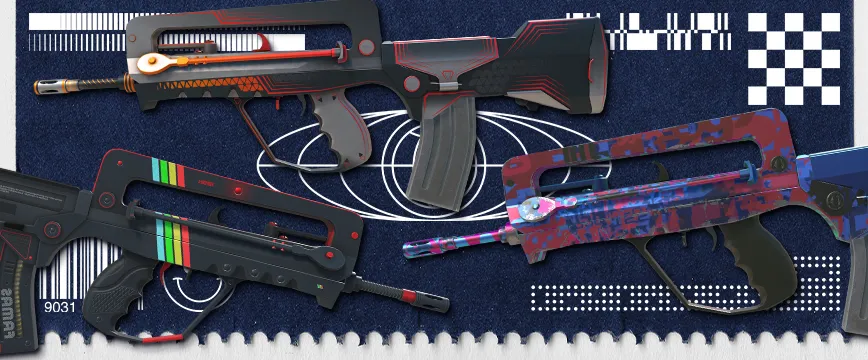 Image of CS2 (CS:GO) Restricted AK-47 skins: AK-47 | Slate with a sleek black design, AK-47 | Orbit Mk01 featuring futuristic red accents, and AK-47 | Blue Laminate with a distinctive blue woodgrain pattern. These purple rarity CS:GO skins highlight unique visual styles and are popular among CS2 players.