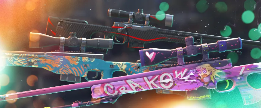 CS2 (CS:GO) Classified AK-47 skins: AK-47 | Case Hardened with a vibrant blue and gold patina effect, AK-47 | Redline featuring a sleek black and red carbon fiber design, and AK-47 | The Outsiders with a colorful and intricate graffiti-style theme. Showcase of popular cs:go pink rarity skins displayed against a blurred dark background with glowing red and purple light effects.