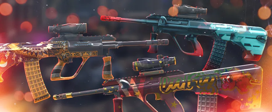 CS2 (CS:GO) Classified AK-47 skins: AK-47 | Case Hardened with a vibrant blue and gold patina effect, AK-47 | Redline featuring a sleek black and red carbon fiber design, and AK-47 | The Outsiders with a colorful and intricate graffiti-style theme. Showcase of popular cs:go pink rarity skins displayed against a blurred dark background with glowing red and purple light effects.