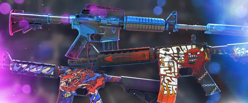 CS2 (CS:GO) Classified AK-47 skins: AK-47 | Case Hardened with a vibrant blue and gold patina effect, AK-47 | Redline featuring a sleek black and red carbon fiber design, and AK-47 | The Outsiders with a colorful and intricate graffiti-style theme. Showcase of popular cs:go pink rarity skins displayed against a blurred dark background with glowing red and purple light effects.