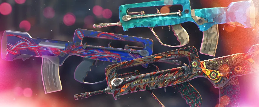 CS2 (CS:GO) Classified AK-47 skins: AK-47 | Case Hardened with a vibrant blue and gold patina effect, AK-47 | Redline featuring a sleek black and red carbon fiber design, and AK-47 | The Outsiders with a colorful and intricate graffiti-style theme. Showcase of popular cs:go pink rarity skins displayed against a blurred dark background with glowing red and purple light effects.