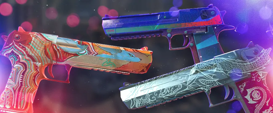 CS2 (CS:GO) Classified AK-47 skins: AK-47 | Case Hardened with a vibrant blue and gold patina effect, AK-47 | Redline featuring a sleek black and red carbon fiber design, and AK-47 | The Outsiders with a colorful and intricate graffiti-style theme. Showcase of popular cs:go pink rarity skins displayed against a blurred dark background with glowing red and purple light effects.