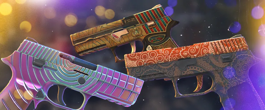 CS2 (CS:GO) Classified AK-47 skins: AK-47 | Case Hardened with a vibrant blue and gold patina effect, AK-47 | Redline featuring a sleek black and red carbon fiber design, and AK-47 | The Outsiders with a colorful and intricate graffiti-style theme. Showcase of popular cs:go pink rarity skins displayed against a blurred dark background with glowing red and purple light effects.