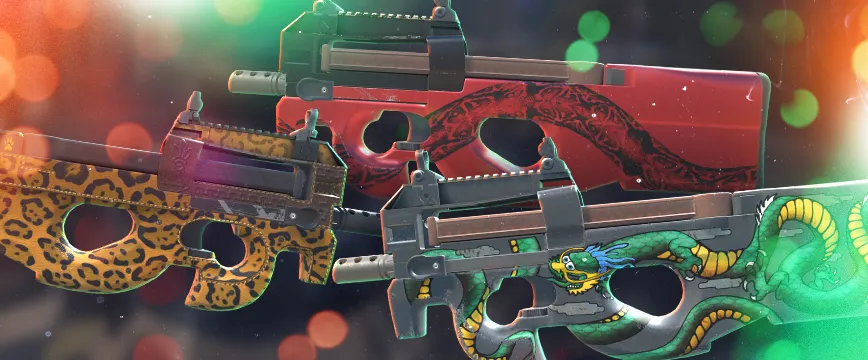 CS2 (CS:GO) Classified AK-47 skins: AK-47 | Case Hardened with a vibrant blue and gold patina effect, AK-47 | Redline featuring a sleek black and red carbon fiber design, and AK-47 | The Outsiders with a colorful and intricate graffiti-style theme. Showcase of popular cs:go pink rarity skins displayed against a blurred dark background with glowing red and purple light effects.