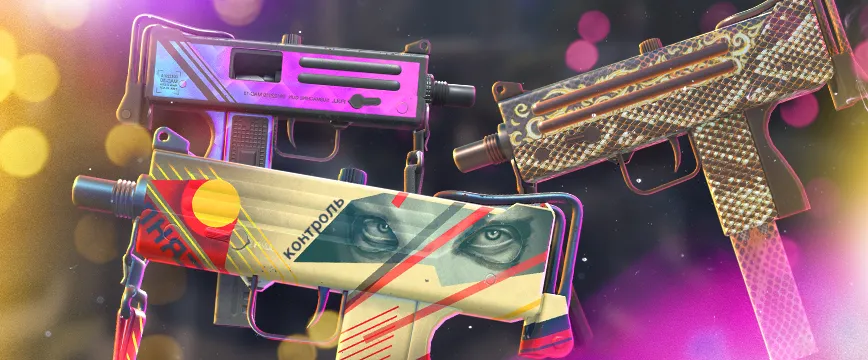 CS2 (CS:GO) Classified AK-47 skins: AK-47 | Case Hardened with a vibrant blue and gold patina effect, AK-47 | Redline featuring a sleek black and red carbon fiber design, and AK-47 | The Outsiders with a colorful and intricate graffiti-style theme. Showcase of popular cs:go pink rarity skins displayed against a blurred dark background with glowing red and purple light effects.