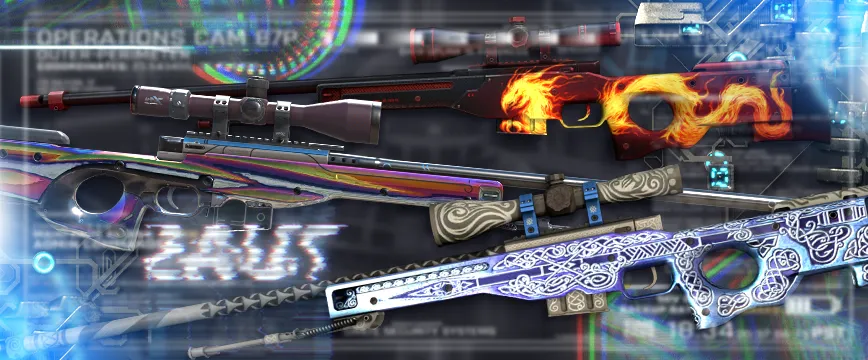 Image showcasing Covert (Red) AK-47 skins in CS:GO: AK-47 | Inheritance featuring an elegant white and blue ornamental design, AK-47 | Neon Revolution with a bold neon pink and green anarchist graffiti style, and AK-47 | Leet Museo showcasing a vibrant patchwork of abstract and geometric artwork. These Red rarity skins CS:GO are highly sought after for their unique aesthetics and detailed designs.