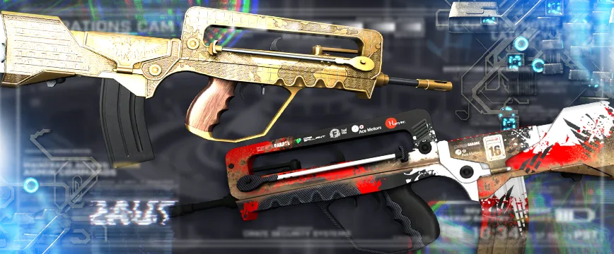 Image showcasing Covert (Red) AK-47 skins in CS:GO: AK-47 | Inheritance featuring an elegant white and blue ornamental design, AK-47 | Neon Revolution with a bold neon pink and green anarchist graffiti style, and AK-47 | Leet Museo showcasing a vibrant patchwork of abstract and geometric artwork. These Red rarity skins CS:GO are highly sought after for their unique aesthetics and detailed designs.