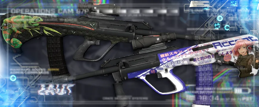 Image showcasing Covert (Red) AK-47 skins in CS:GO: AK-47 | Inheritance featuring an elegant white and blue ornamental design, AK-47 | Neon Revolution with a bold neon pink and green anarchist graffiti style, and AK-47 | Leet Museo showcasing a vibrant patchwork of abstract and geometric artwork. These Red rarity skins CS:GO are highly sought after for their unique aesthetics and detailed designs.