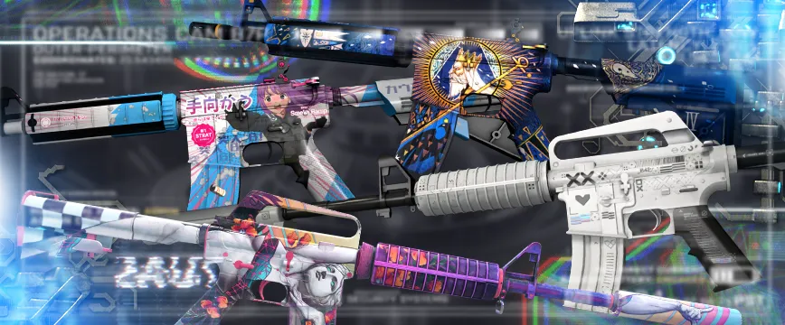 Image showcasing Covert (Red) AK-47 skins in CS:GO: AK-47 | Inheritance featuring an elegant white and blue ornamental design, AK-47 | Neon Revolution with a bold neon pink and green anarchist graffiti style, and AK-47 | Leet Museo showcasing a vibrant patchwork of abstract and geometric artwork. These Red rarity skins CS:GO are highly sought after for their unique aesthetics and detailed designs.