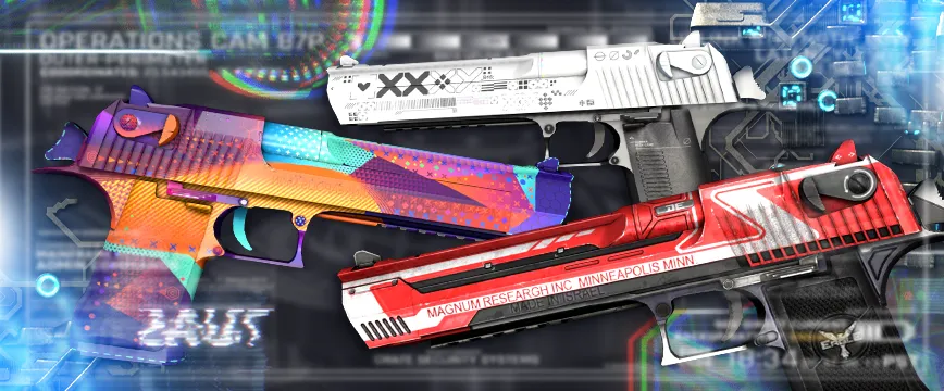 Image showcasing Covert (Red) AK-47 skins in CS:GO: AK-47 | Inheritance featuring an elegant white and blue ornamental design, AK-47 | Neon Revolution with a bold neon pink and green anarchist graffiti style, and AK-47 | Leet Museo showcasing a vibrant patchwork of abstract and geometric artwork. These Red rarity skins CS:GO are highly sought after for their unique aesthetics and detailed designs.