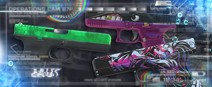 Image showcasing Covert (Red) AK-47 skins in CS:GO: AK-47 | Inheritance featuring an elegant white and blue ornamental design, AK-47 | Neon Revolution with a bold neon pink and green anarchist graffiti style, and AK-47 | Leet Museo showcasing a vibrant patchwork of abstract and geometric artwork. These Red rarity skins CS:GO are highly sought after for their unique aesthetics and detailed designs.