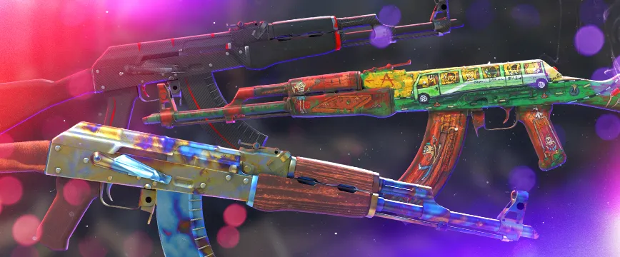 CS2 (CS:GO) Classified AK-47 skins: AK-47 | Case Hardened with a vibrant blue and gold patina effect, AK-47 | Redline featuring a sleek black and red carbon fiber design, and AK-47 | The Outsiders with a colorful and intricate graffiti-style theme. Showcase of popular cs:go pink rarity skins displayed against a blurred dark background with glowing red and purple light effects.